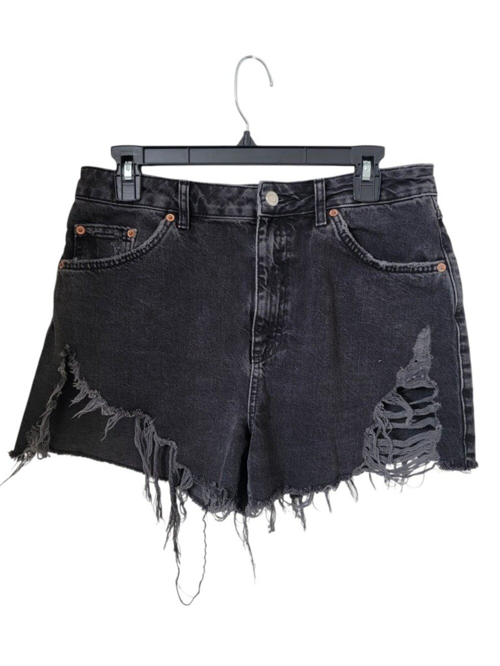 Topshop Size 8 Washed Black Distressed Cutoff Moto Jean Shorts